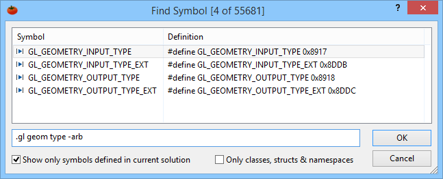 Find symbols in your solution quickly with a powerful dialog