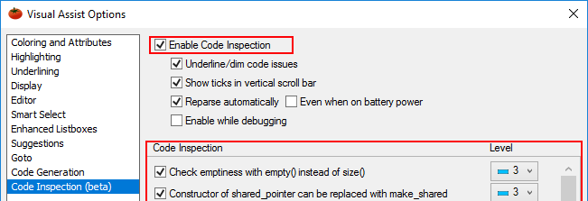 Code Inspection in options dialog