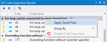 Code issues in a tool window