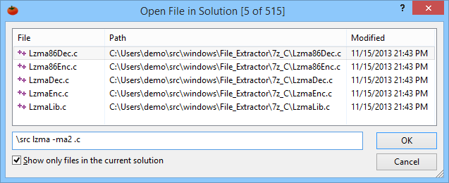 Find and open files in your solution fast with a powerful dialog that supports filtering